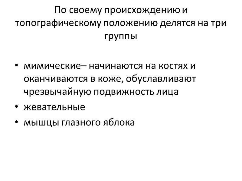 По своему происхождению и топографическому положению делятся на три группы  мимические– начинаются на